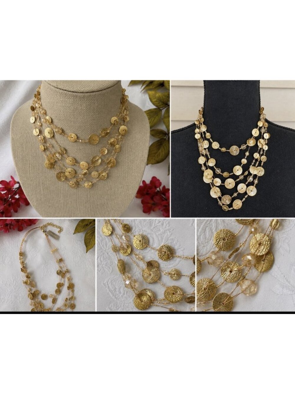Chicos Gold Tone 16" 5 Layer Chain Seed Bead Beaded Charm Statement Necklace NEW